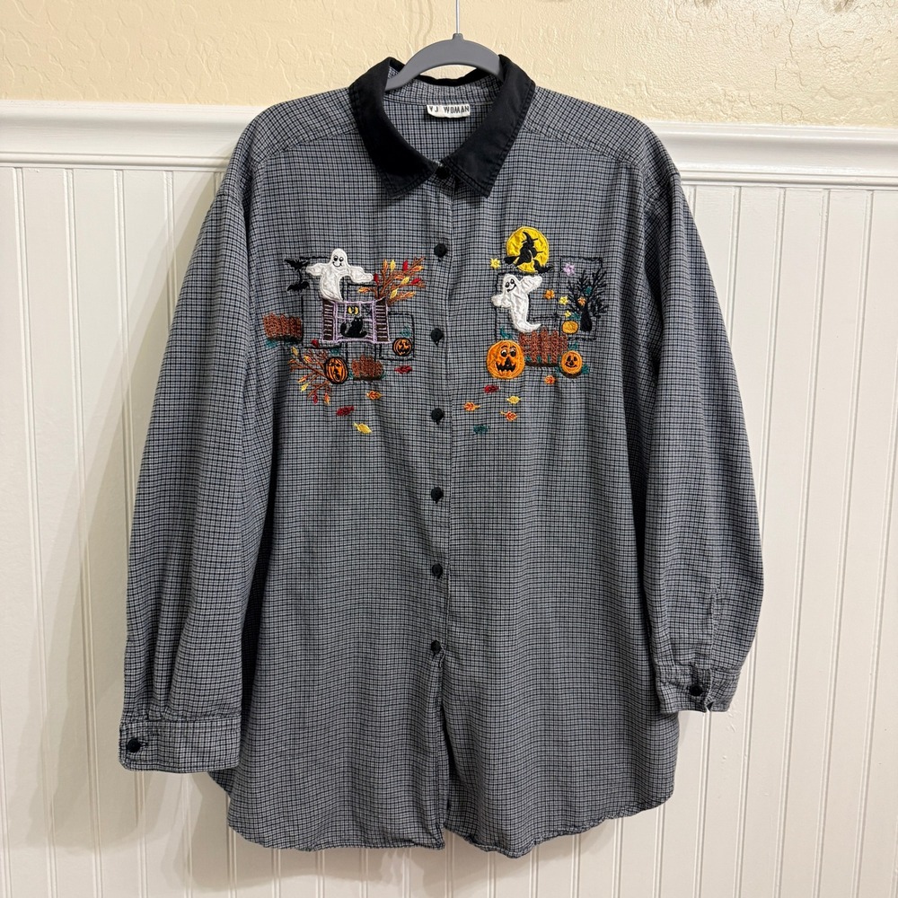 VJ Woman Vintage Whimsy Embroidered Halloween Checkered Shirt, Black White, 2XL